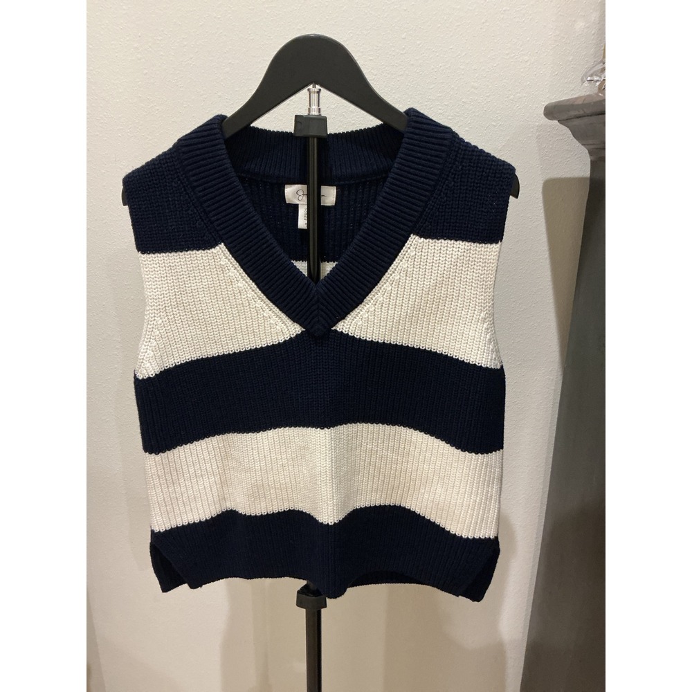 Jessica Simpson Navy White Striped Sweater Vest XL V-Neck Chunky Knit ST23262